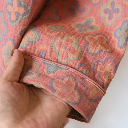 100% Cotton Crepe Homeclothes 2023 Autumn/Winter Women's Pajamas Suit Long-Sleeved Trousers 2-piece Yarn-Dyed Jacquard Pajamas.