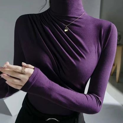 Simplicity Office Lady Autumn/Winter Women's Solid Turtleneck Pleated Temperament Fashion Slim Long Sleeve Bottoming Shirt Tops.