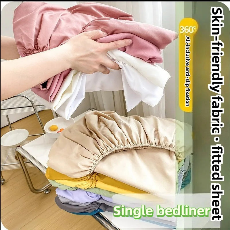 1Pc Fitted Bed Sheet With Elastic Band Solid Color Anti-slip Adjustable Mattress Cover for Single Double (No Pillowcase）.