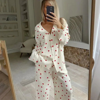 2-Piece Muslin Pajamas Set for Women 100% Cotton Love Printed Comfortable Long-Sleeved Tops Pajamas Home Wear Sleep Autumn Cloth.