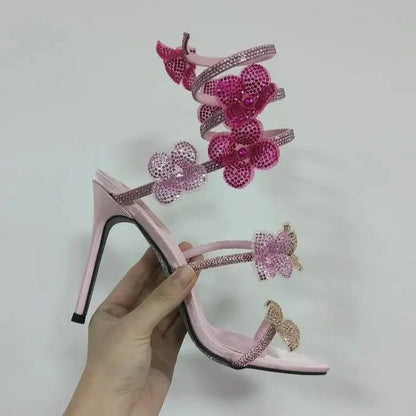 CHMURY Pink Flower Rhinestone High Heels Sandals Shoes Sexy Rose Red Luxury Designer with Wrap Strap  for Women Prom Party 2024.