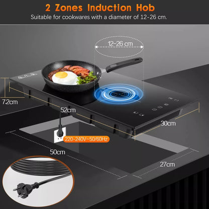 KICHPOWER 30cm 2 plates 1-99 Min Timer Touch Control 3300W Induction Hob.