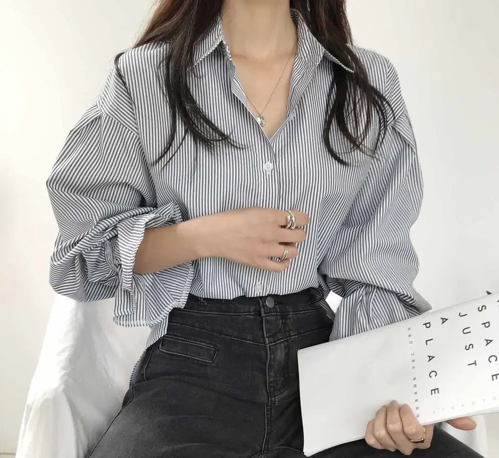 oose Stripe Women Shirts 2025 Fashion Lapel Collar Long Sleeve Shirt Elegant Classic Top.