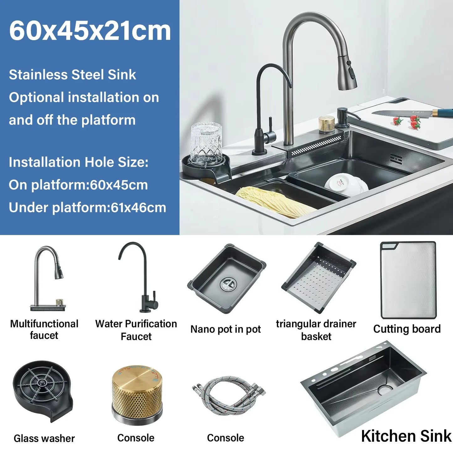 304 Stainless Steel  Multifunctional Kitchen Sink Faucet Set Rainfall Spout Pull Out Sprayer Pure Tap Cold Hot Water Mixer