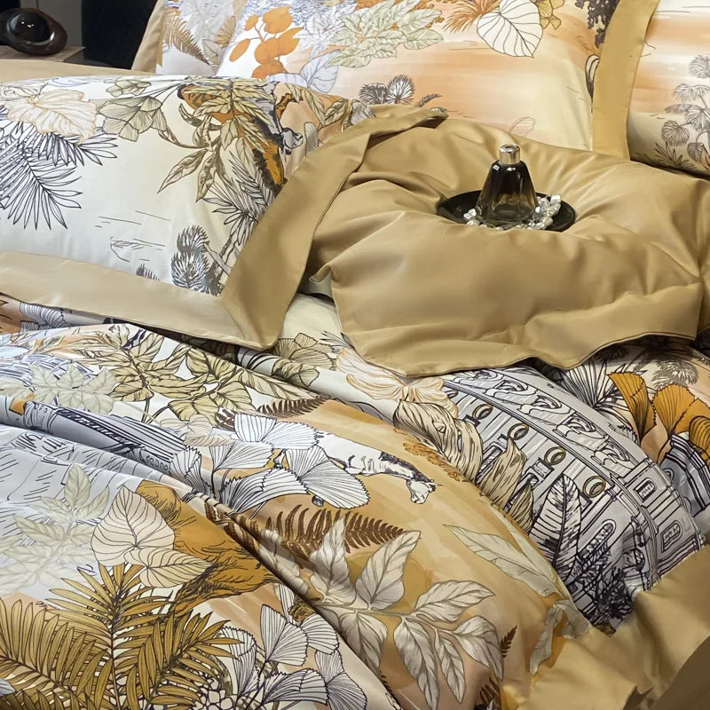 Floral Print 600TC Egyptian Cotton Bedding Queen King Comforter Cover Soft Duvet Cover Set Flat/Fitted Bed Sheet Pillowcases.