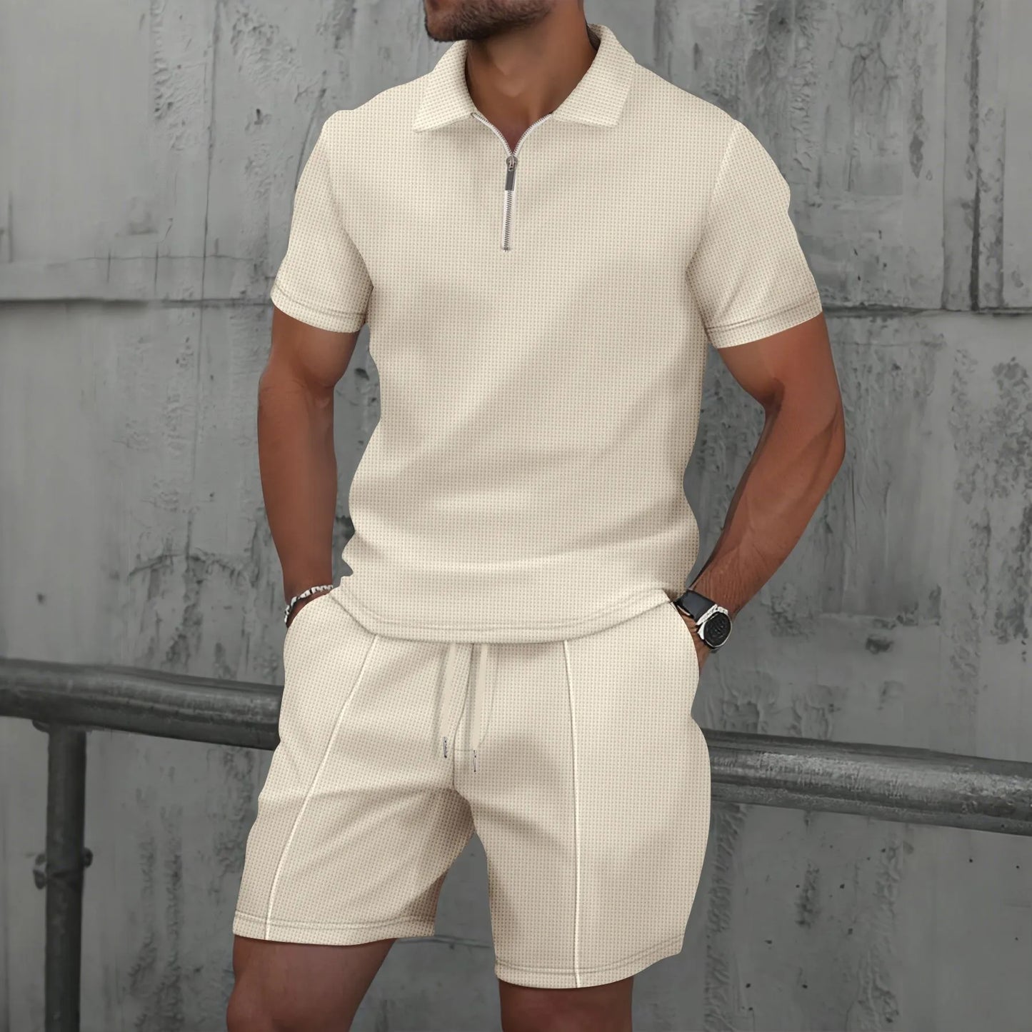 2025 Men Europe and the United States new summer Waffle solid color zip-up lapel short-sleeve suit shorts two sets.