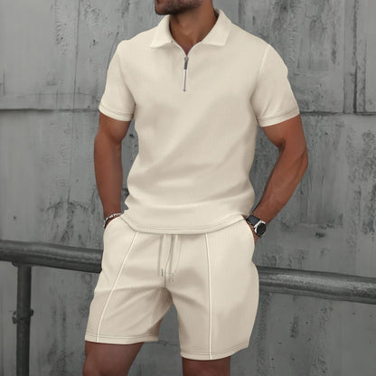 2025 Men Europe and the United States new summer Waffle solid color zip-up lapel short-sleeve suit shorts two sets.