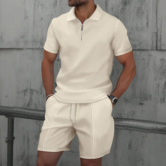 2025 Men Europe and the United States new summer Waffle solid color zip-up lapel short-sleeve suit shorts two sets.
