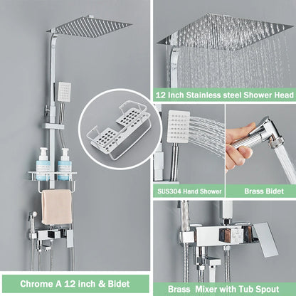 Rainfall Bathroom Shower Faucet Kit With Bidet Wall Mounted Stainless Steel Hot Cold Water Mixer Tap System With Rack,Tub Spout