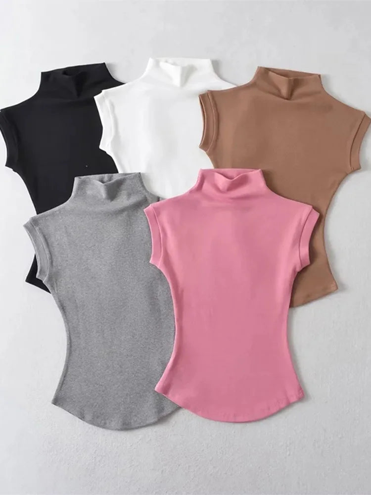 Women Summer Sexy Turtleneck Sleeveless T-Shirts Tops Solid Slim Fit Pullovers Causal Tees Shirts Female Streetwear Basics Tees.