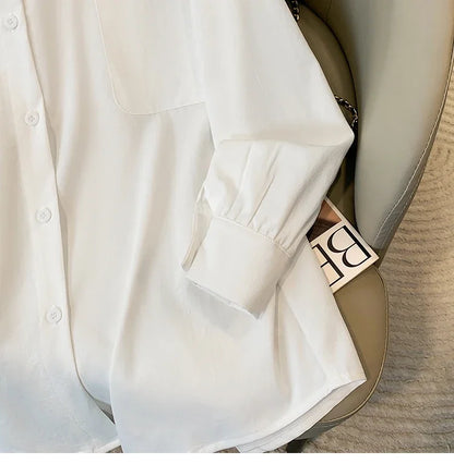 Plus Size Women's Blouses 2025 Spring Autumn Simple Lady Shirts Long Sleeve Big Pockets Shirt Loose Casual Tops