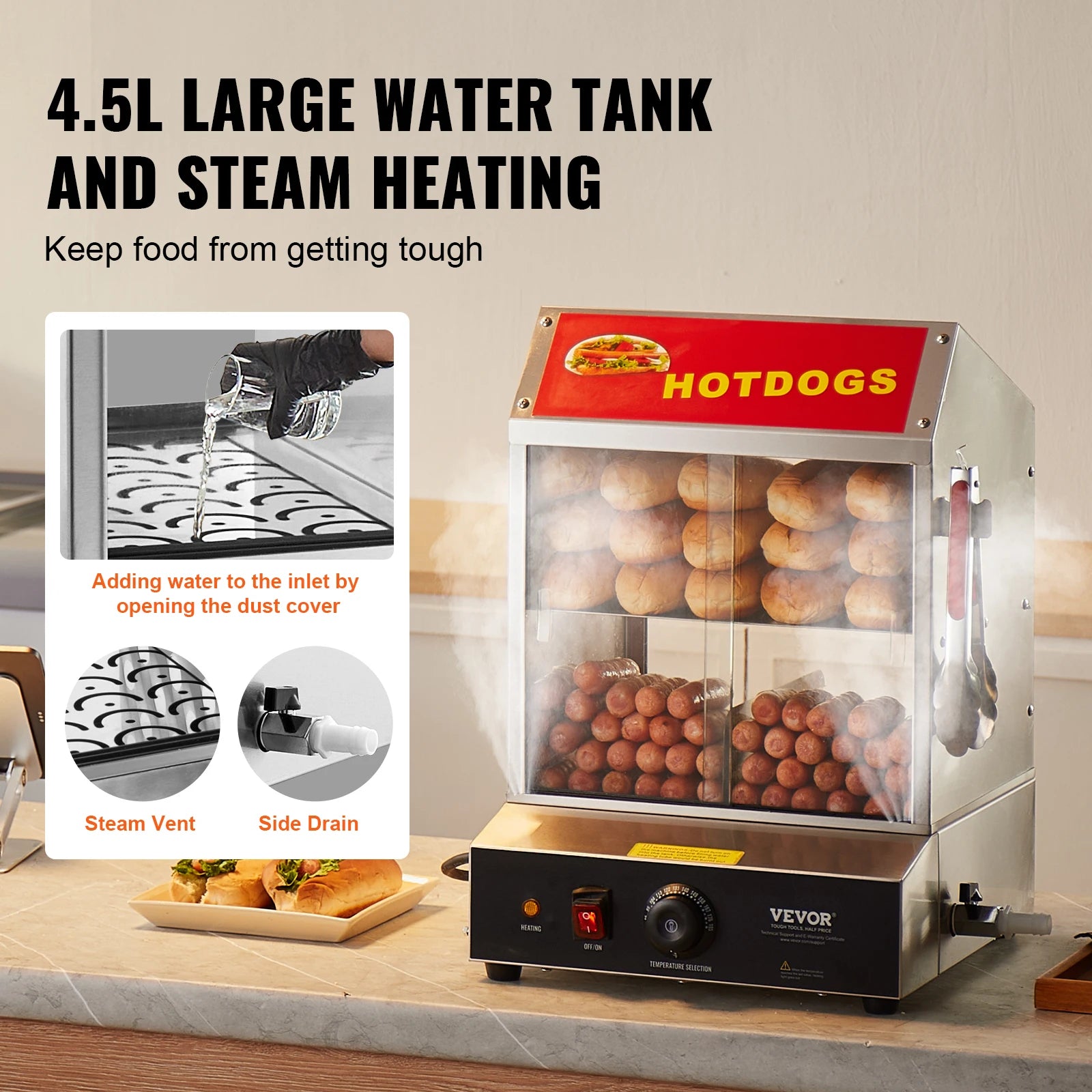 SucceBuy 27/37L 2Tiers Hot Dog Steamer with Temperature Control Stainless Steel Electric Bun Warmer for Hot Dogs&Buns for Cinema.