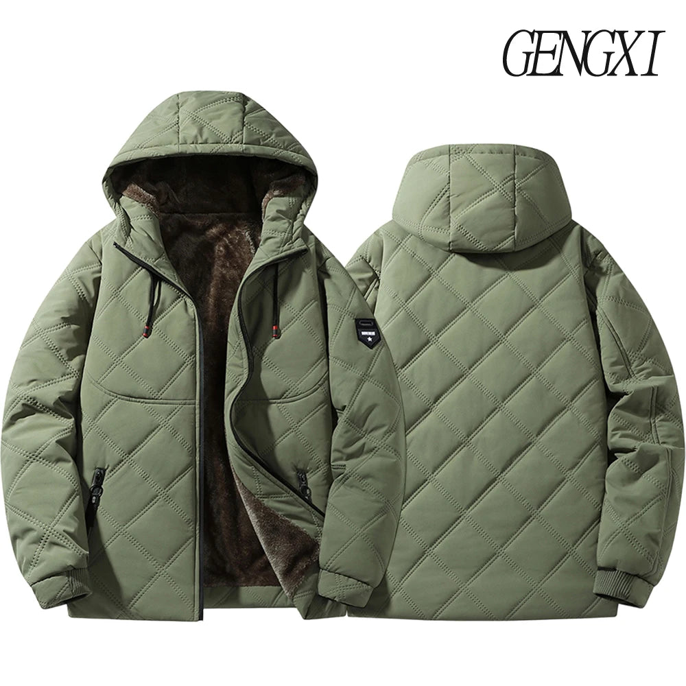 Winter Windproof Thermal Diamond-Pattern Fleece-Lined Thickened Cotton Coat Business Casual Hooded Jacket Fashionable Menswear.