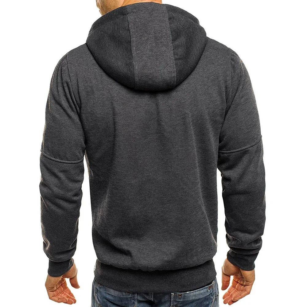 Men's hooded zipper jacket with pockets, custom logo image text, casual sports streetwear, men's cardigan wool sweater, fashion.