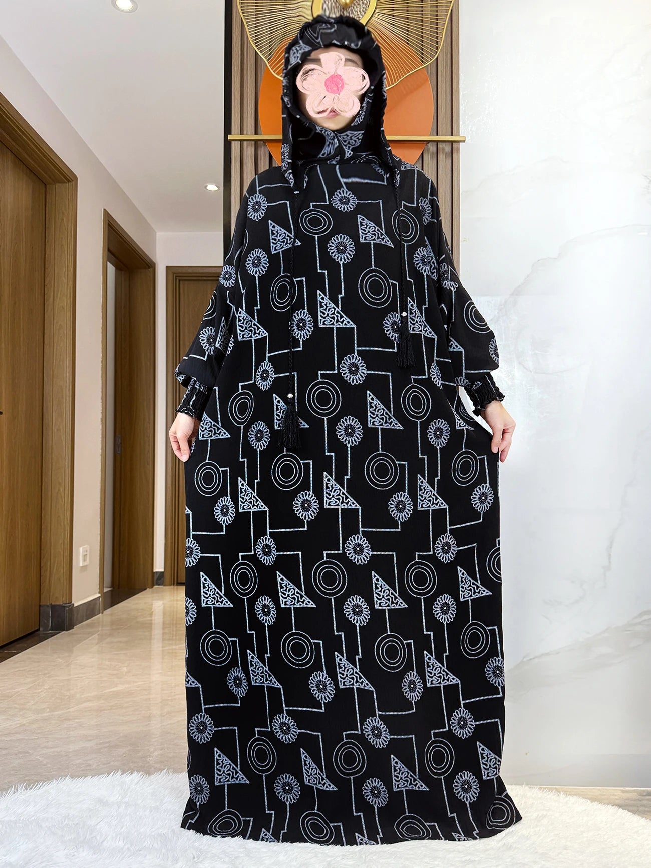 Promotion New Double Hat Women Abaya With Hooded Irregular Pattern Long Abaya Tassel Muslim Saudi Prayer Kaftan Oriental Robes.