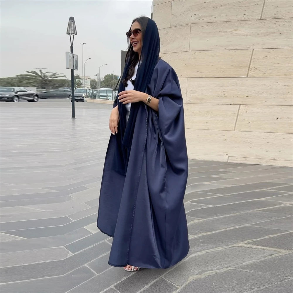 Ramadan Dubai Pink Satin Modest Open Butterfly Batwing Kimono Abaya Cardigan Islam Muslim Dress For Women Kebaya Robe Musulmane.
