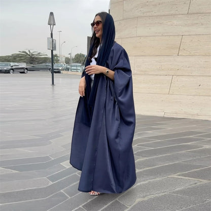 Ramadan Dubai Pink Satin Modest Open Butterfly Batwing Kimono Abaya Cardigan Islam Muslim Dress For Women Kebaya Robe Musulmane.