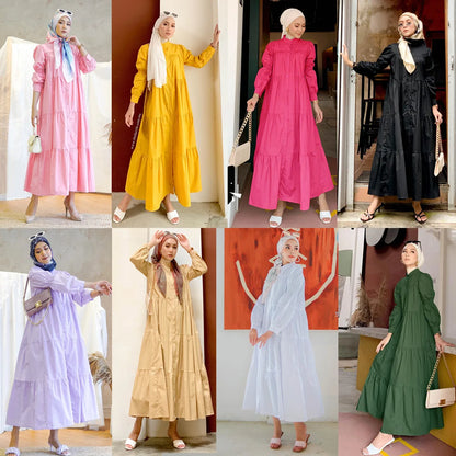 Women Muslim Long Dress Fashion Abaya Long Sleeve Solid Robe Elegant Ruffles Maxi Sundress Islamic Clothing Hijab Vestido.