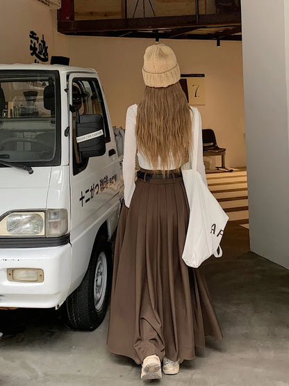 Qiukichonson Grey Midi Long Skirts Womens Maxi Skirt 2023 Autumn Winter Suit Skirt Goth Lolita High Waist Ruffle Pleated Skirts.