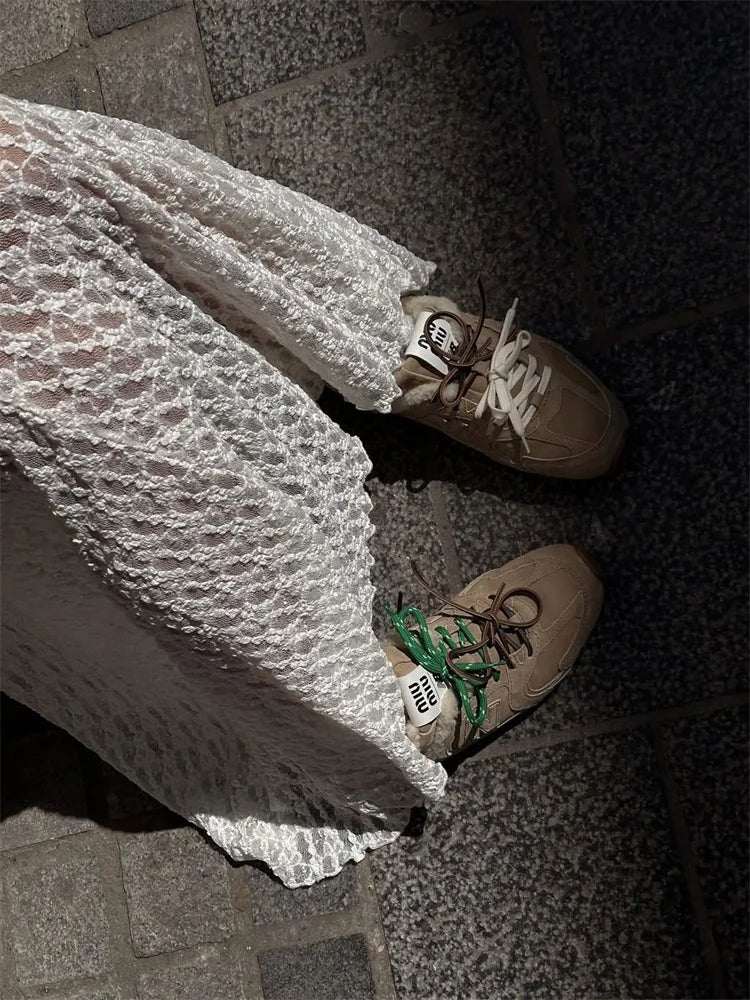 Tossy Fashion Summer Lace Long Skirt Women See-Through Slim High Waist Hollow Out Patchwork Elegant Commute Female Maxi Skirt