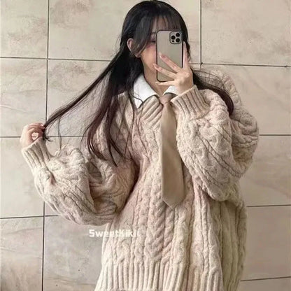 Herbst Winter Frauen Pullover Harajuku Übergroßen Gestrickte Pullover Koreanische Langarm V-ausschnitt Strickwaren Preppy Solide Lose Jumper.