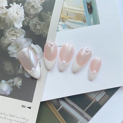 Aurora Handmade Press On Nails White Almond French Fake Nails Medium Wearable Manicure Simple Pearl Decoration Finger Nails Art.