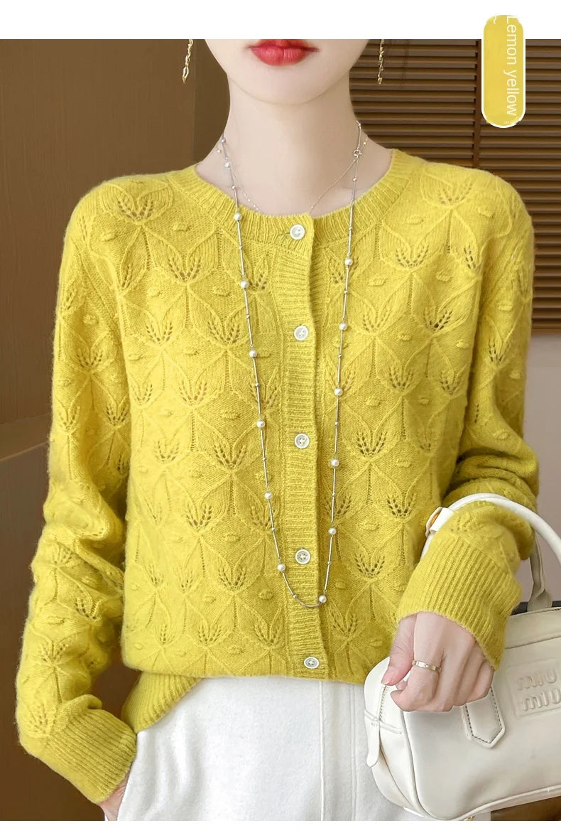 2024 Autumn And Winter New Round Neck Hollowed Out 100 Wool Knitted Cardigan Women's Versatile Coat Loose Casual Sweater DMR281.