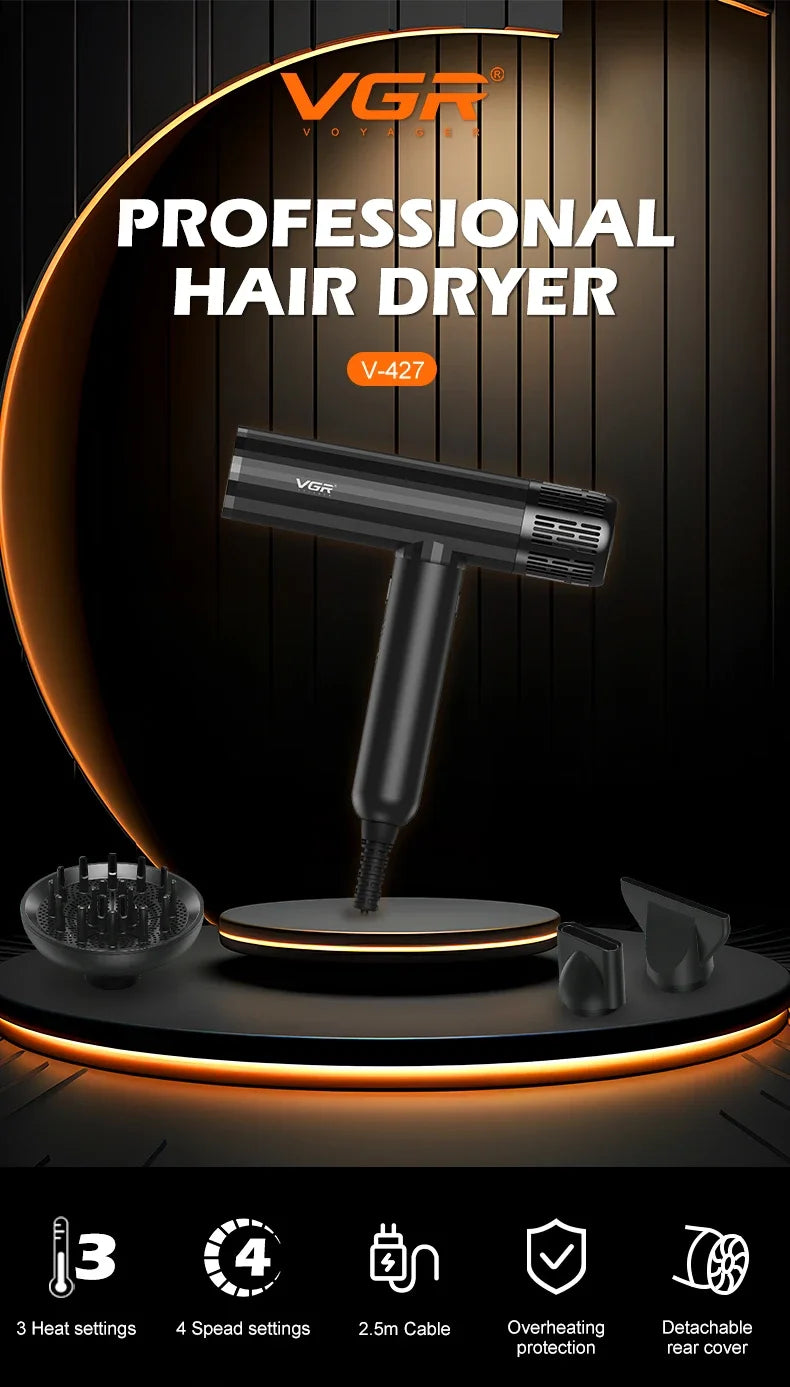 VGR Hair Dryer Professional Air Blower Brushless Motor Hair Dryer Machine 110000 RPM Hair Dryer Negative Ion Barber Salon V-427.