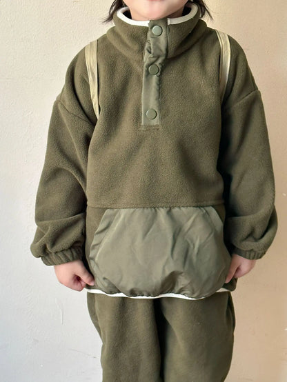 2025 Winter New Children Polar Fleece Sweatshirt Set Boys Girls Plus Velvet Thick Warm 2pcs Suit Kids Casual Sports Outfits