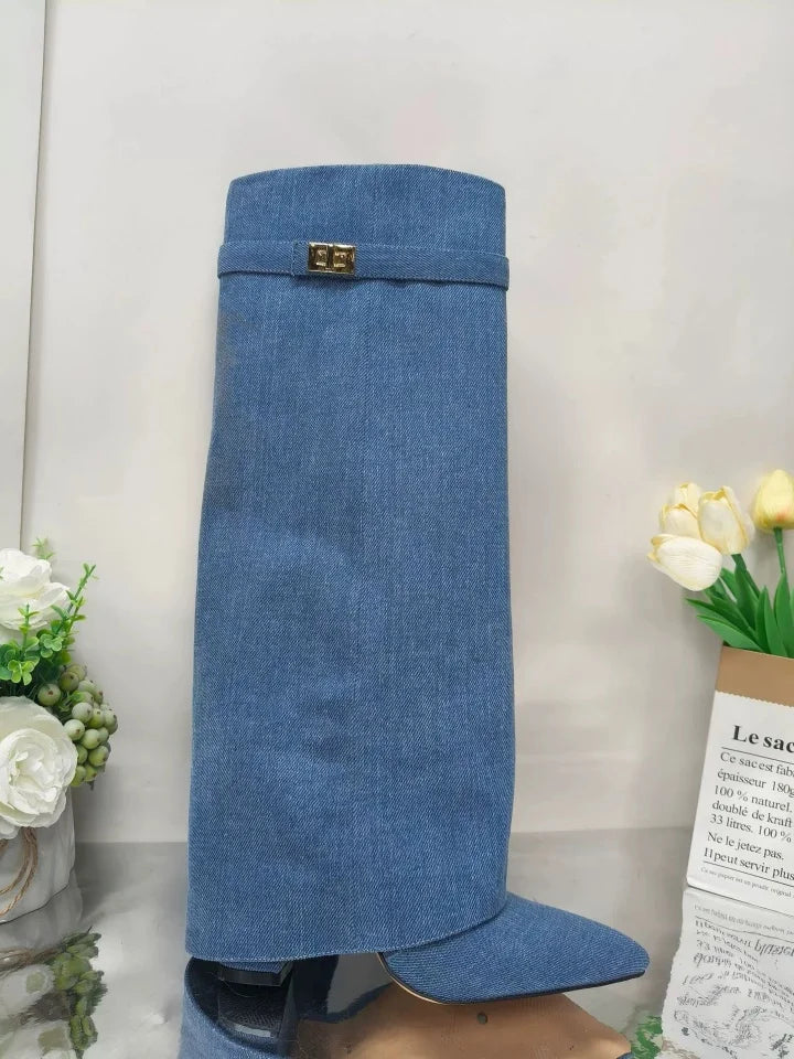 2025 Autumn And Winter Women's Pointed Toe Crude Heel Knee High Boots Female Metal Decor Pants Boots High Quality Woman Shoes