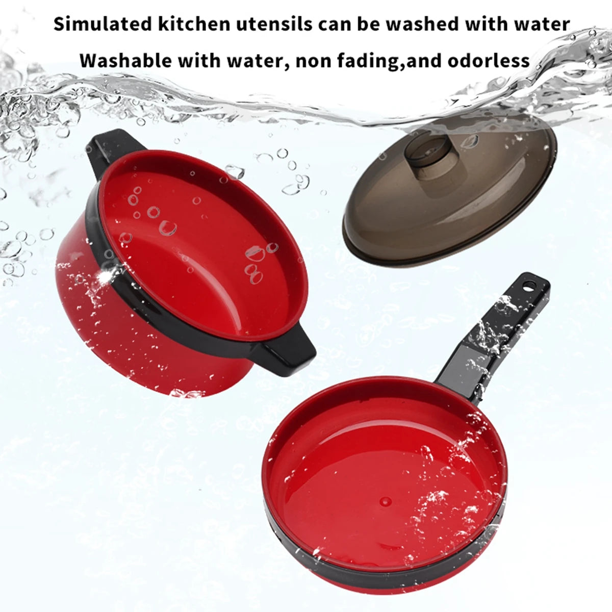 Children's simulation high-detail red cooking kitchen utensils, home school use chef pretend play set suitable for 3 4 5 6 years.