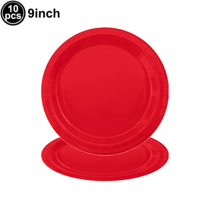Solides rotes Thema, Einweggeschirr, rote Pappteller, Lebensmitteltablett, Tassen, Servietten, Löffel, Tischdecken, Hochzeit, Geburtstag, Party-Dekoration.
