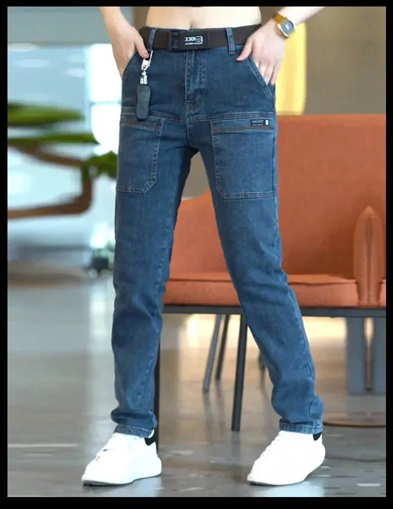 Men Cargo Pants Slim Stretch Jeans Multi Pocket Fashion Streetwear Designer Skinny Male Denim Trousers Brand Clothes Blue Black.