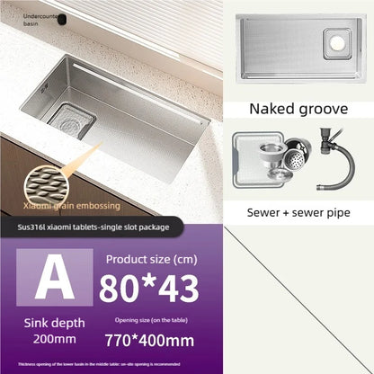 Kitchen Sink 316L Stainless Steels Nano Brushed Surface Large Single Slot Dishwash and Vegetable Washing Basin Undermount Basin