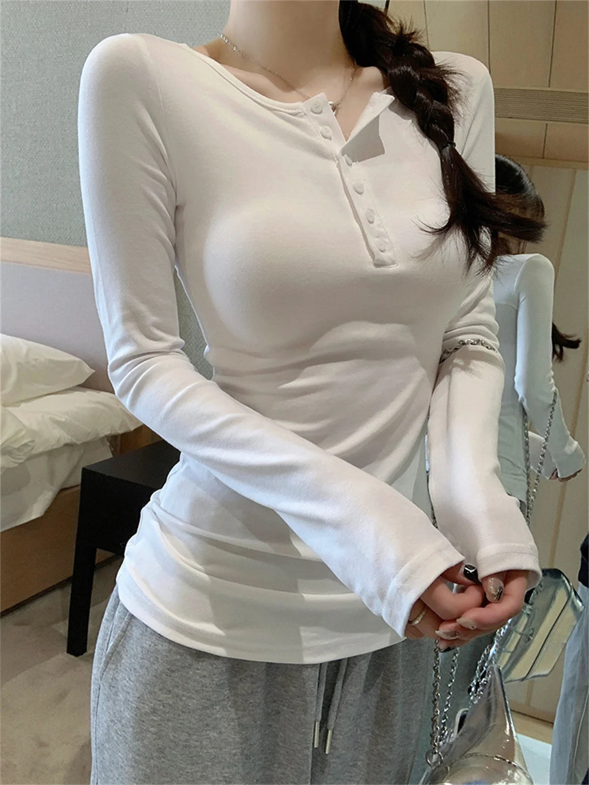 Women Fashion Slim Long Sleeve Shirts Button Solid Sexy Girl Pullover Tops Spring Fall Retro Simple T-shirt Casual Street Y2K.