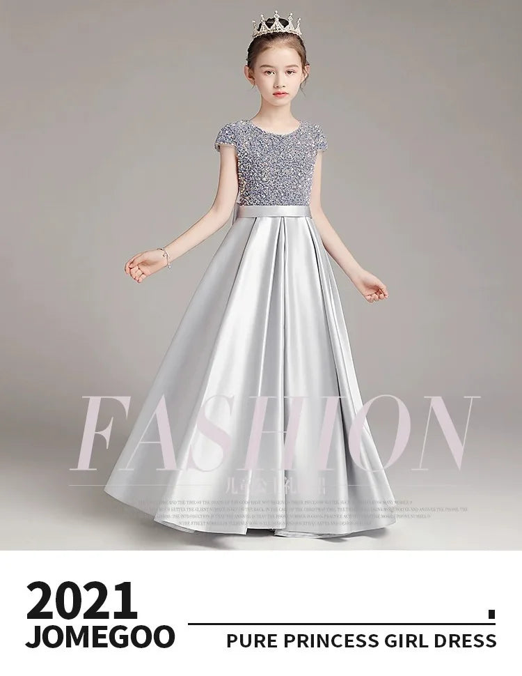 Mädchen-Klavierkleid, graues Pailletten-langes Performance-Kleid, Prinzessinnenkleid, Kinder-Host-Show-Performance-Kleid, Sommer.