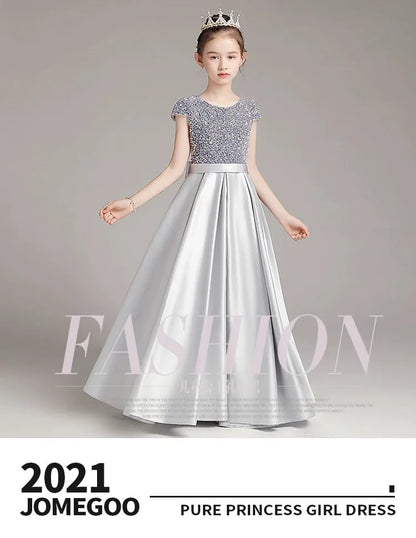 Mädchen-Klavierkleid, graues Pailletten-langes Performance-Kleid, Prinzessinnenkleid, Kinder-Host-Show-Performance-Kleid, Sommer.