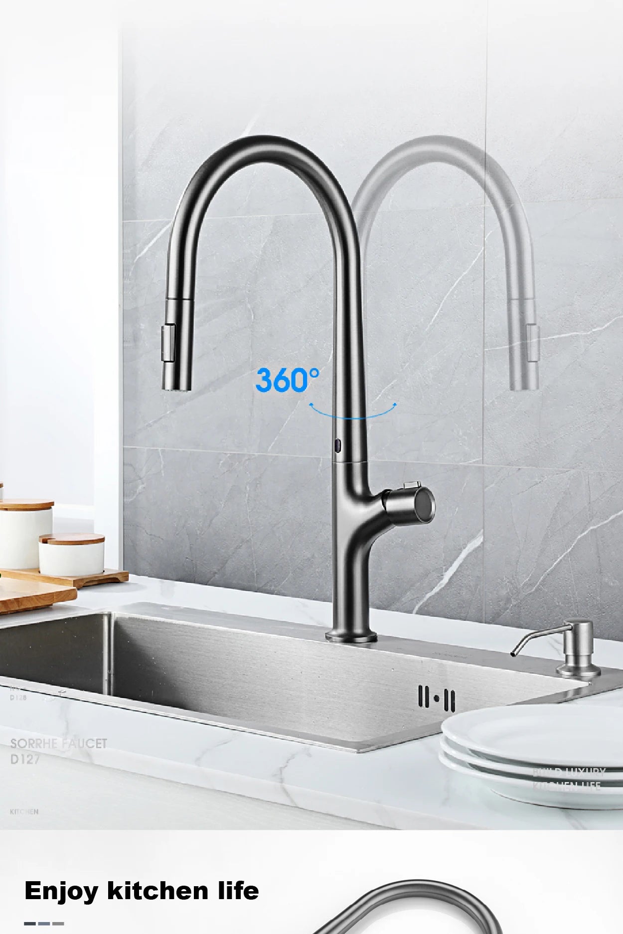 High-end gun gray brass kitchen faucet induction design single handle cold and hot dual control 2 function simple sink faucet