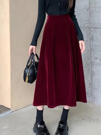 Autumn Winter Warm Vintage Red Elegant Velvet A-line Skirt For Women 2024 High Waist Casual Black Party Pleated Big Swing Skirts.