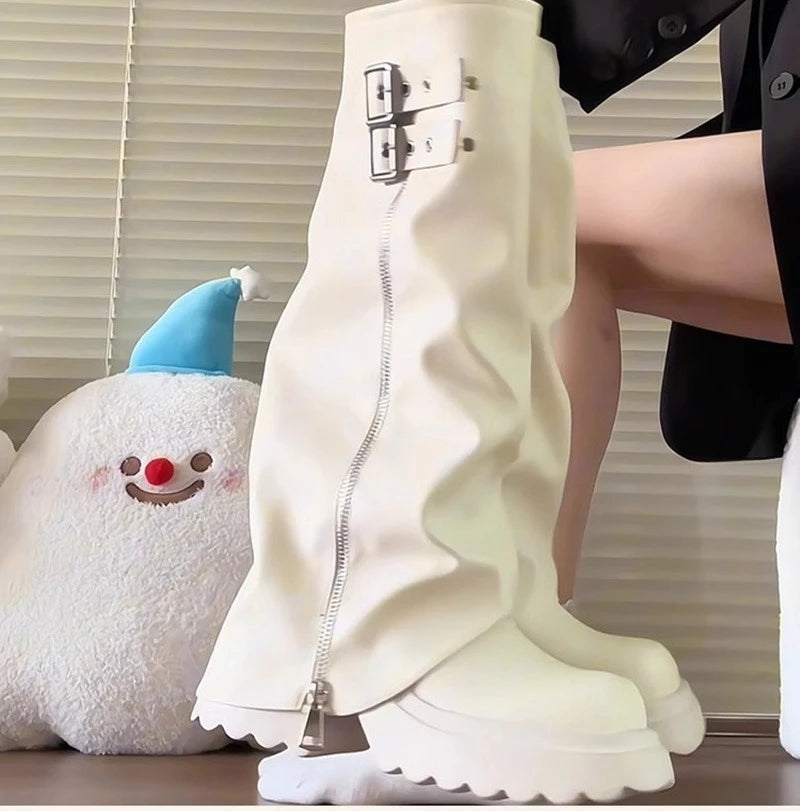 Punk Style Splicing Thick Bottom Women Knee-High Boots Fashion Zipper Female Pleated Knight Long Booties Shoes.