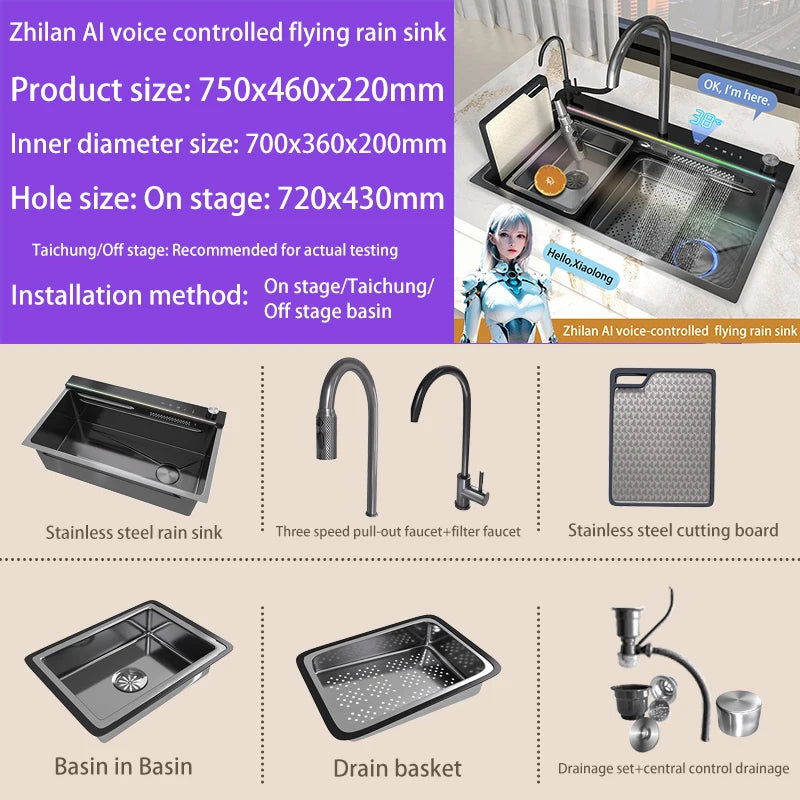 AI voice-controlled Stainless Steel Kitchen Sink With Waterfall  Embossed Large Single Slot Multifunction Dishwashing Sinks
