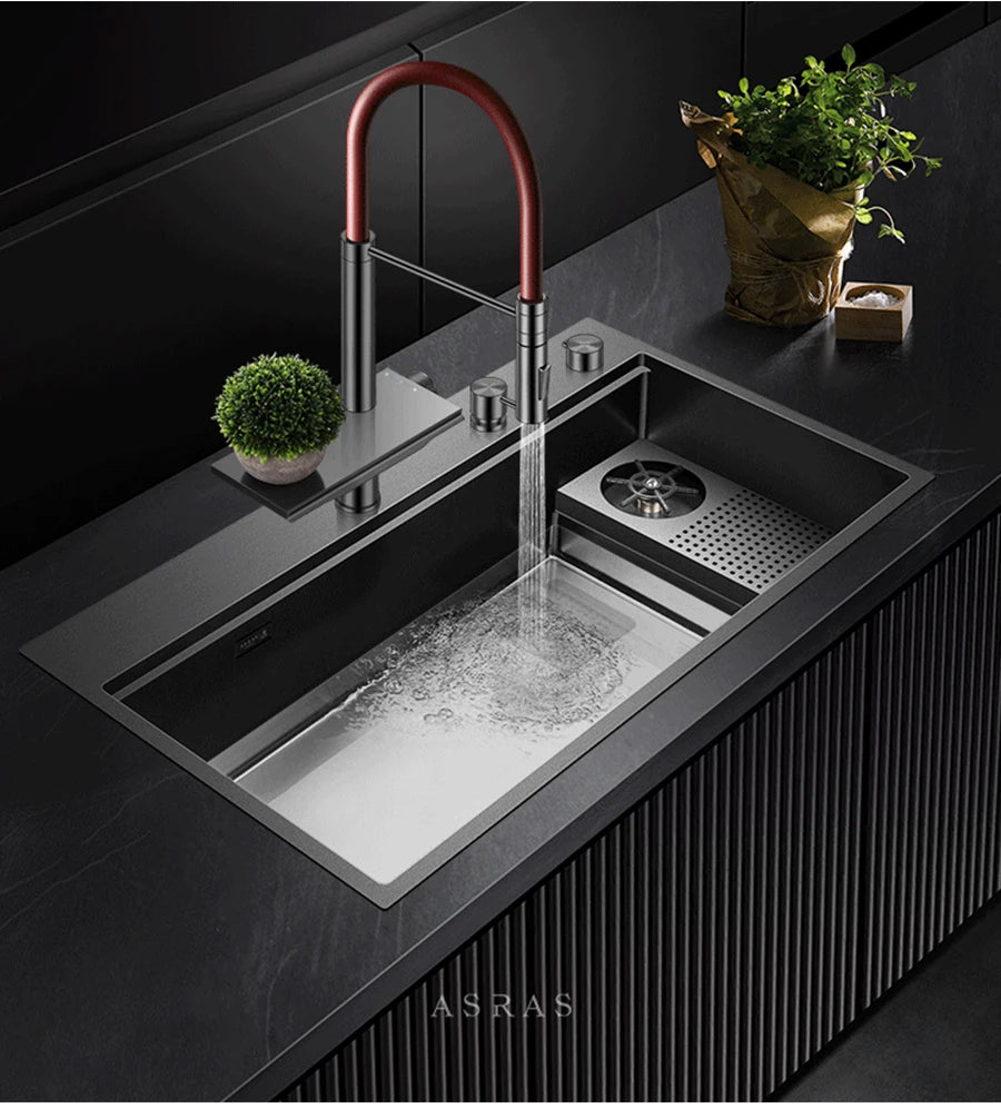 ASRAS New Waterfall Faucet Kitchen Sinks Nanometer Large Size 4mm Panel Handmade Sinks Cup Rinser Kitchen Sinks