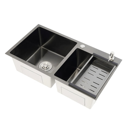 Doppelschüssel-Küchenspüle, Edelstahl, moderne Küchenspüle mit Abflussrohren, Siebe, Abflusskorb, Seifenspender, 78 x 43 x 22 cm