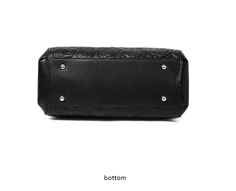 Leather handbag high sense handbag top layer leather rose pattern slung shoulder bag.