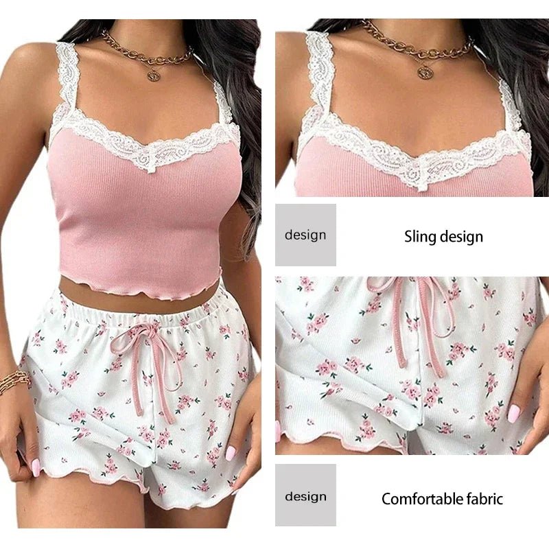 Zweiteiliges Sommer-Pyjama-Set für Damen, gerippt, gestrickt, Blumendruck, Spitzenbesatz, Leibchen, Weste und Schleifen-Shorts, sexy Pyjama-Set.