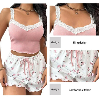 Zweiteiliges Sommer-Pyjama-Set für Damen, gerippt, gestrickt, Blumendruck, Spitzenbesatz, Leibchen, Weste und Schleifen-Shorts, sexy Pyjama-Set.