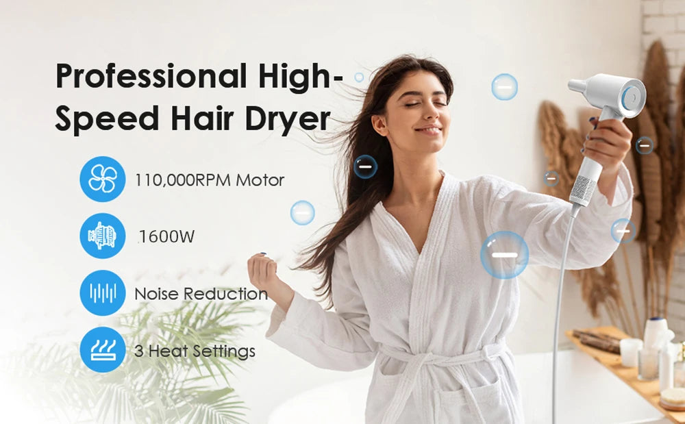 High Speed Hair Dryer ABIR SU9,360° Rotating Magnetic Nozzle,200mil Negative Ions,Low Noise,Blow Dryer 1600W Quick dry for Home.