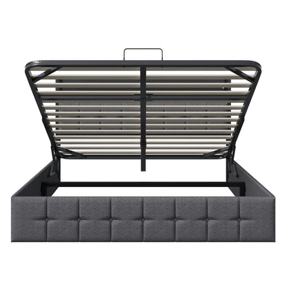 Rosahqnda Doppelbett 160 x 200 cm, mit Steckdose und LED, Kopfteil mit Stauraum und hydraulischem Stauraum, Schlafzimmer für Teenager, Leinen/PU