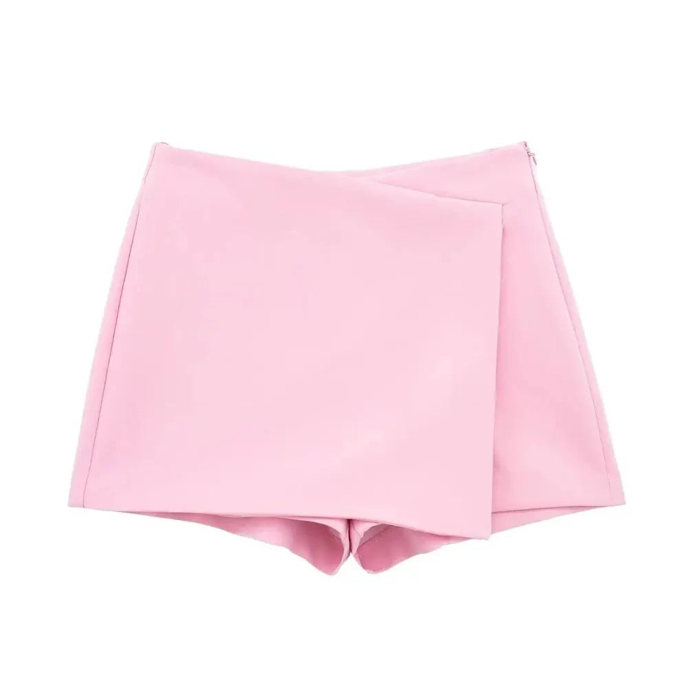 Women Fashion Asymmetric Pareo Style Self Overlay Shorts Skirts Vintage High Waist Side Zipper Female Skort Mujer.