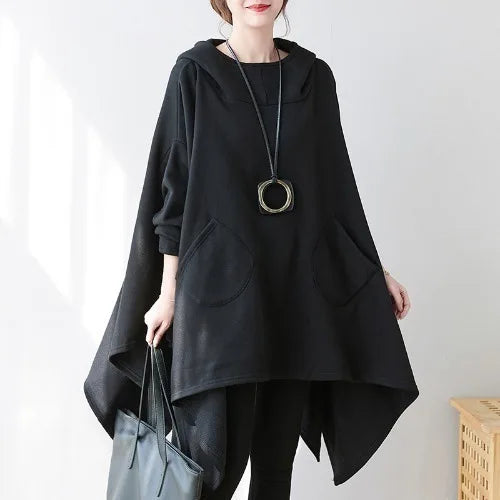 #3342 Black Cape Hoodie Woman Batwing Sleeve Loose Asymmetrical Hoodies Sweatshirts Pockets Thick Long Hooded Sweatshirt Femme.
